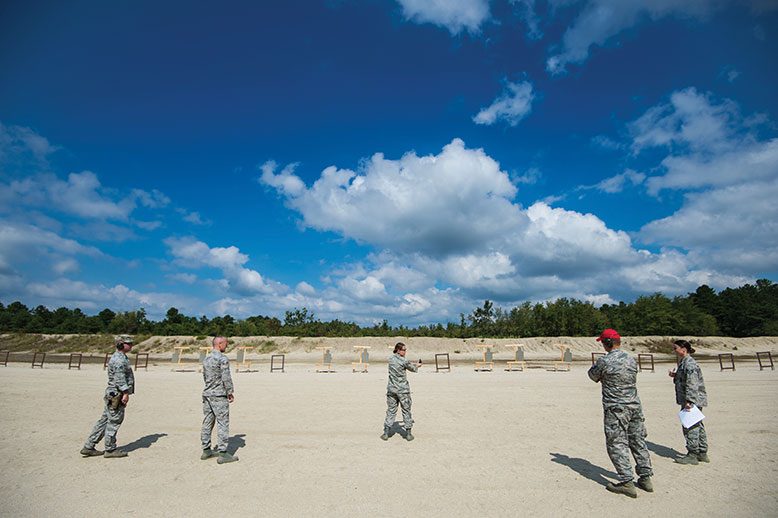 Air National Guard trainees take aim on the 20,000-acre Range Complex Training Facility at Joint Base McGuire-Dix-Lakehurst. The more than 60 ranges on the joint base are used for pistol, rifle, machine-gun and grenade-launcher training.