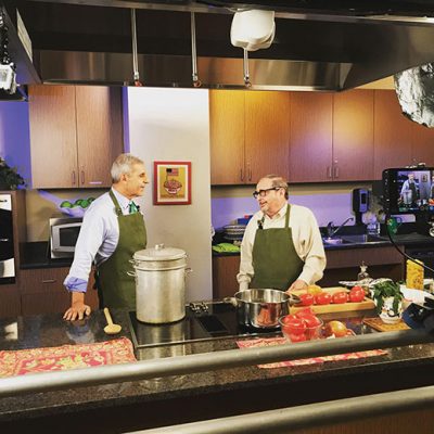 Host Nick Acocella, right, preps ingredients for Summer Marinara Rigatoni with his guest, outgoing state Senator Joe Kyrillos, during the third season of "Pasta and Politics."