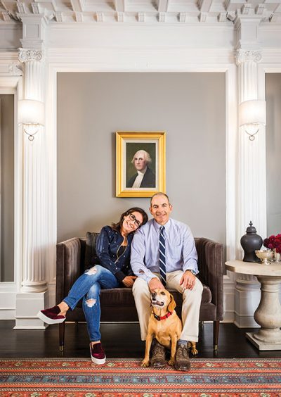 Bobbi Brown, Steven Plofker and Biggie greet guests at the George Inn, their new 32-room boutique hotel in Montclair.