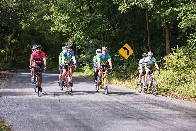 Four teams from the DOGS tandem club cruise Raritan River Road in Califon. From left: Percy and Diana Uribe; Mark Cucuzella and Cheryl Prudhomme; Tom and Fern Goodhart; and Dave Snope and Susan Nicolich.