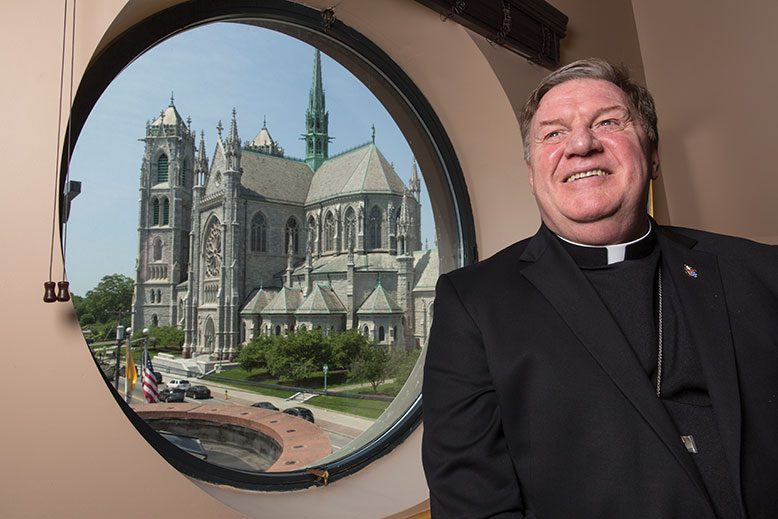 A window in Cardinal Joseph Tobin's Newark office offers a view across the street at the Cathedral Basilica of the Sacred Heart.