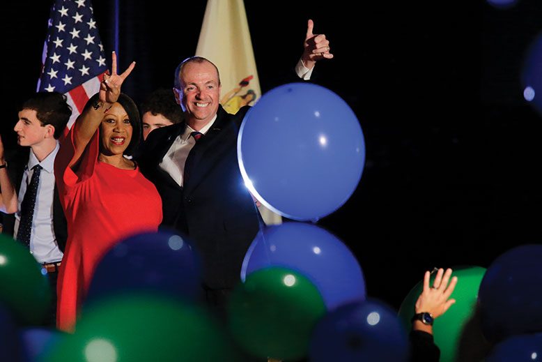 Shelia Oliver, left, celebrates with then governor-elect Phil Murphy at an election night rally last November in Asbury Park.