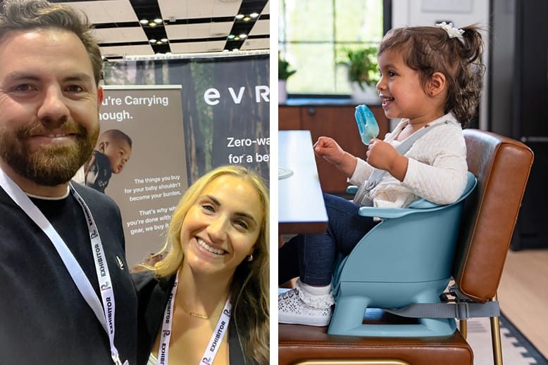Photo of Evrloop founders Vince Giudice and Marlo Gertz-Giudice, next to photo of toddler on an Evrloop highchair