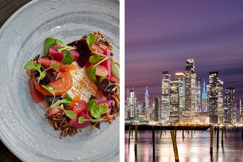 A photo of a dish at Drift in Weehawken, New Jersey, next to a photo of the New York City skyline at night