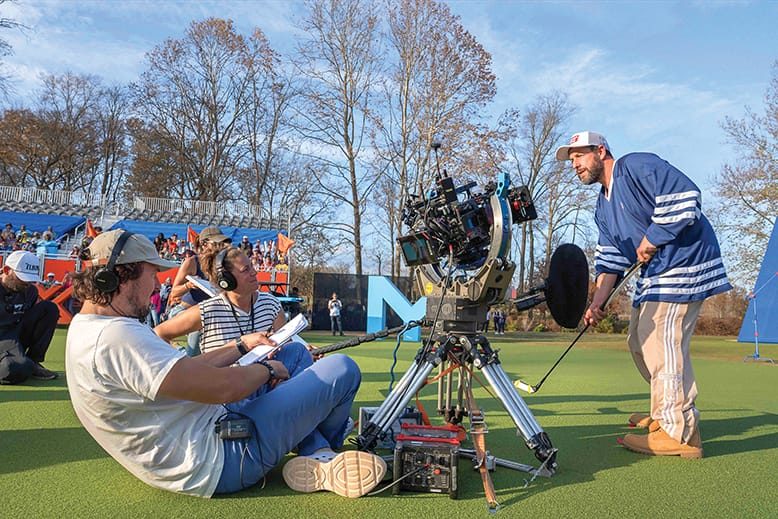 Adam Sandler and director Kyle Newacheck (far left) film Happy Gilmore 2 at Fiddler’s Elbow country club in Bedminster, NJ
