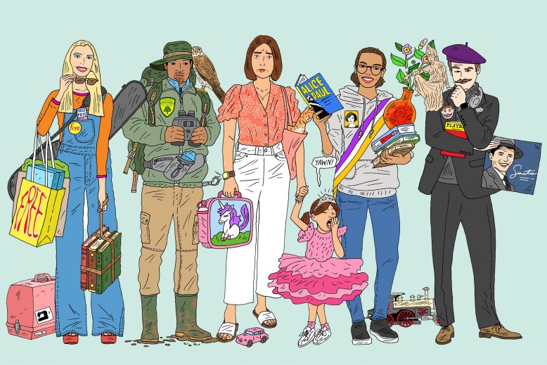 Illustrations of six personas including a parent with her ballerina child, an outdoor explorer wearing a backpack and a bargain shopper carrying bags