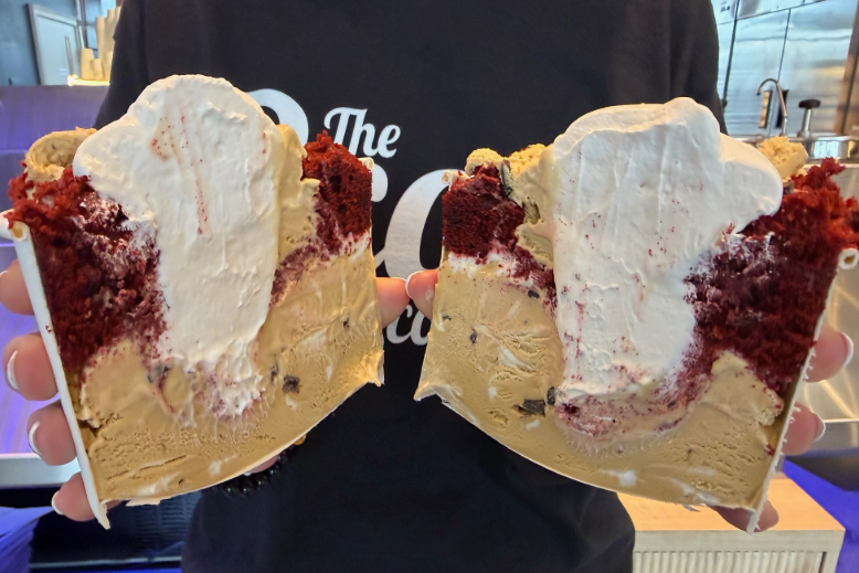 Split-open packed sundae from Scoop N Scootery in Red Bank, NJ