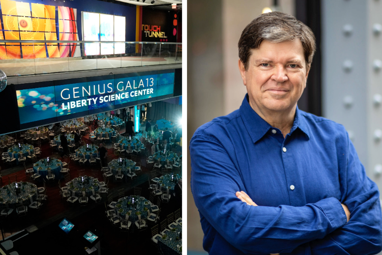 Photo of Liberty Science Center's event space for its 2026 Genius Gala next to a headshot of Yann LeCun